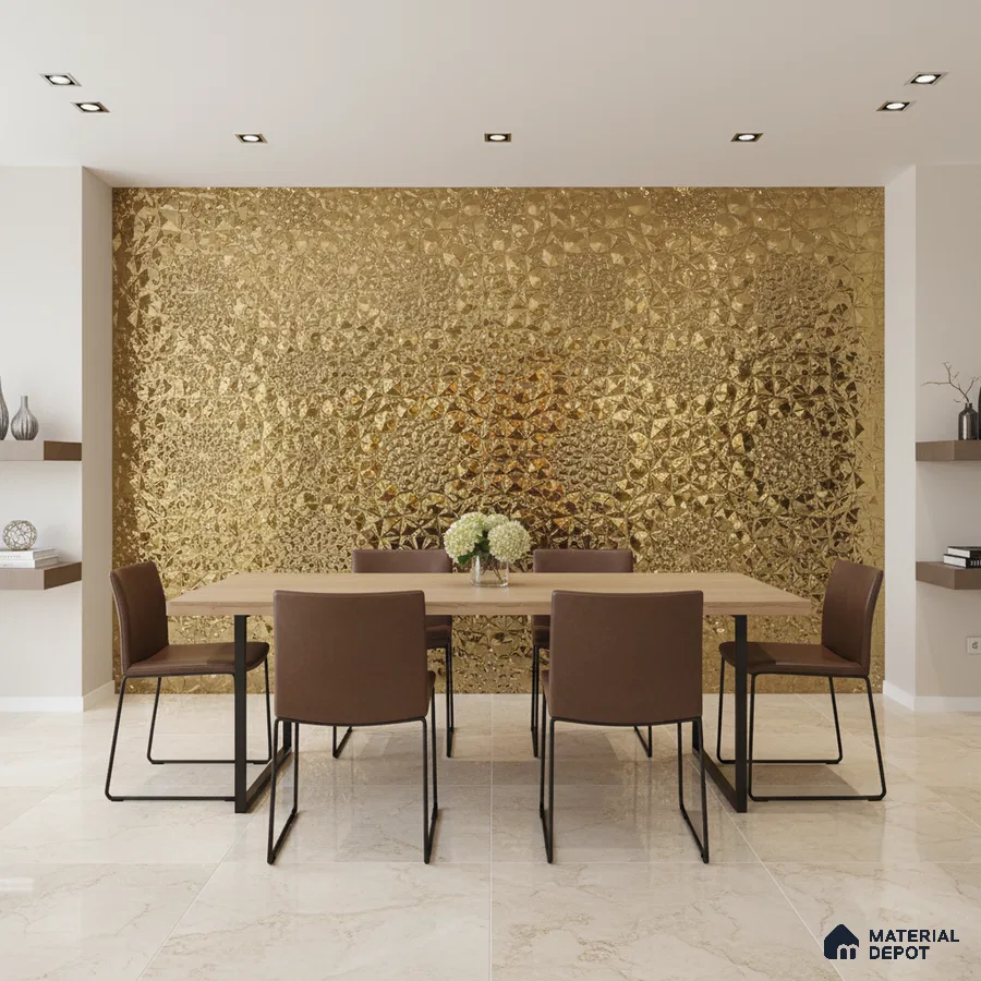 Modern dining room with gold 3D decorative wall panel and beige marble floor tile