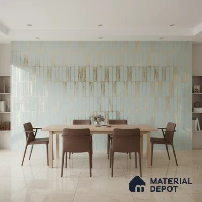 Modern dining room with gold geometric patterned wallpaper and beige marble floor tiles