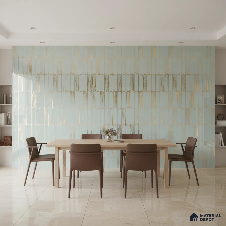 Modern dining room with gold geometric patterned wallpaper and beige marble floor tiles