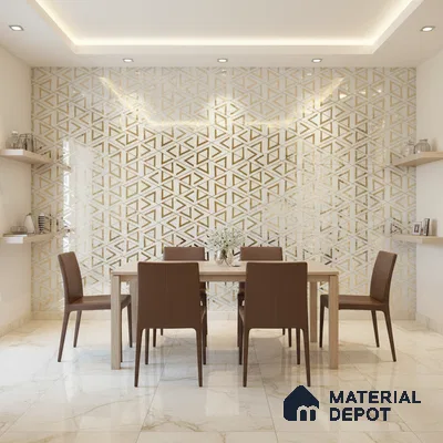 Modern dining room with gold geometric wall tiles and marble floor tiles