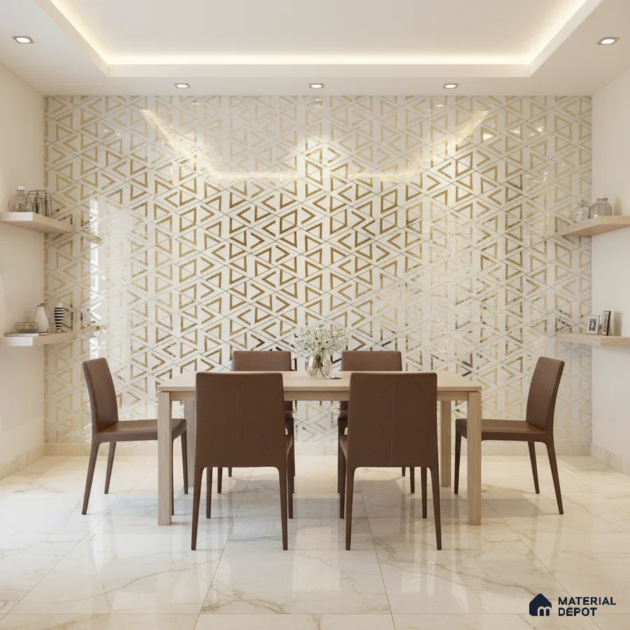 Modern dining room with gold geometric wall tiles and marble floor tiles