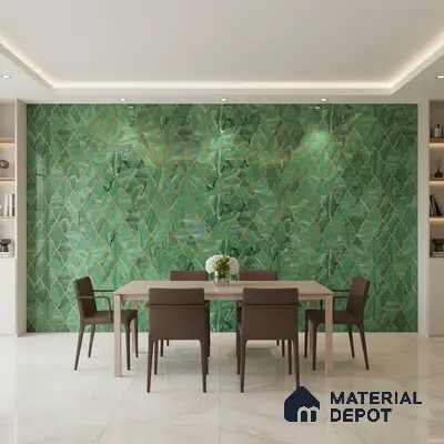 Modern dining room with green geometric patterned wall tile and ivory marble floor tile