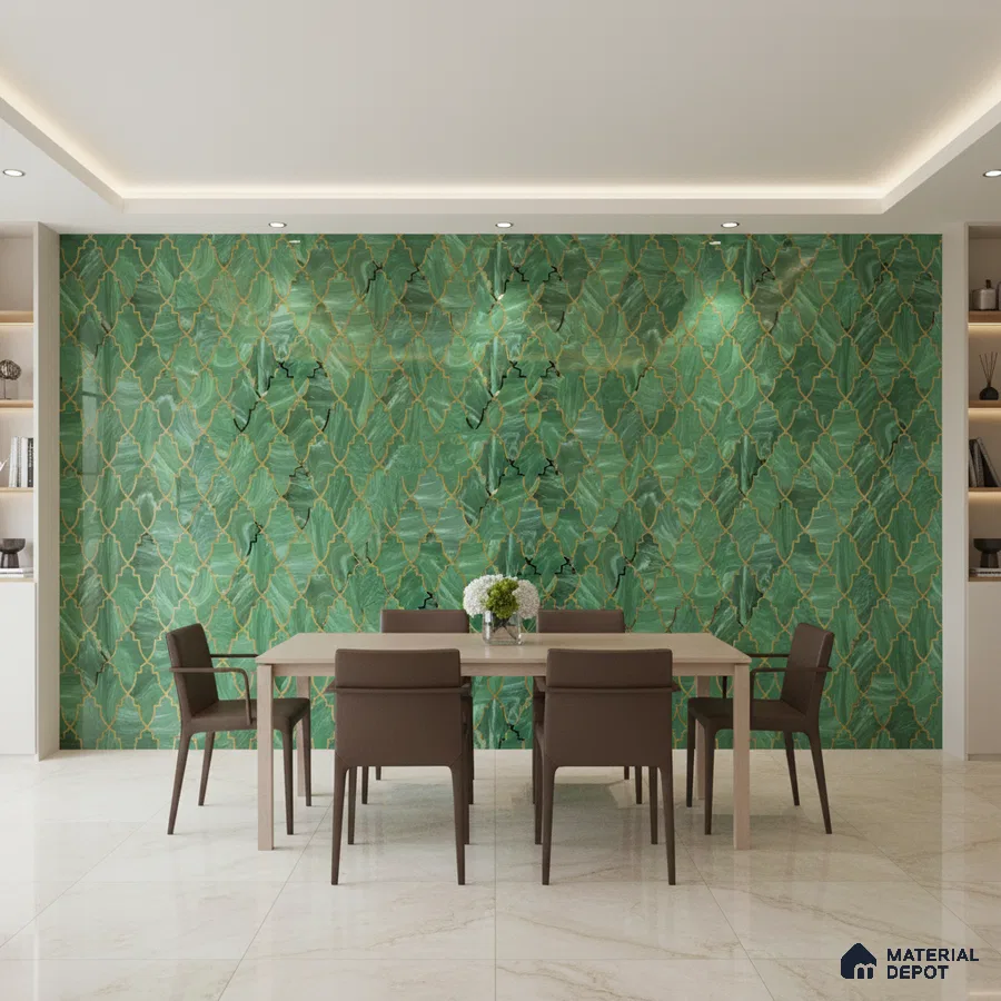 Modern dining room with green geometric patterned wall tile and ivory marble floor tile