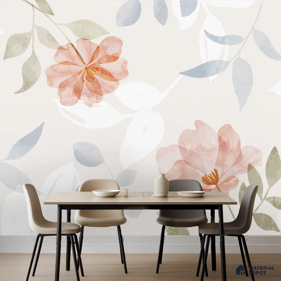 Modern dining room with large floral wallpaper and light wood dining table in Bengaluru