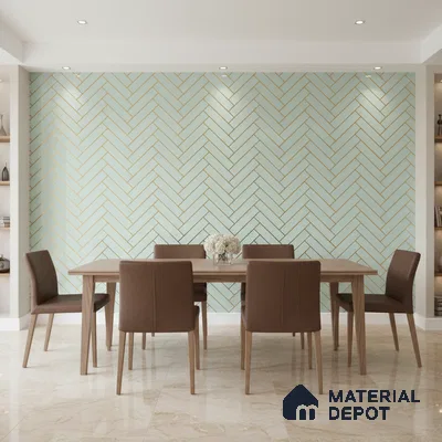 Modern dining room with mint green herringbone wallpaper and beige marble floor tile