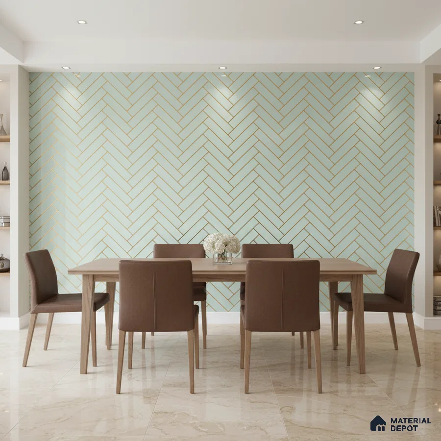 Modern dining room with mint green herringbone wallpaper and beige marble floor tile