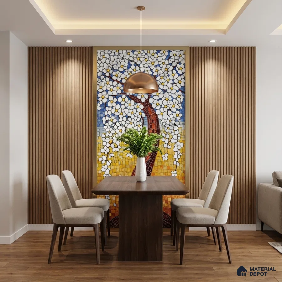 Modern dining room with mosaic floral wall tile, wood slat wall panels, and walnut dining table