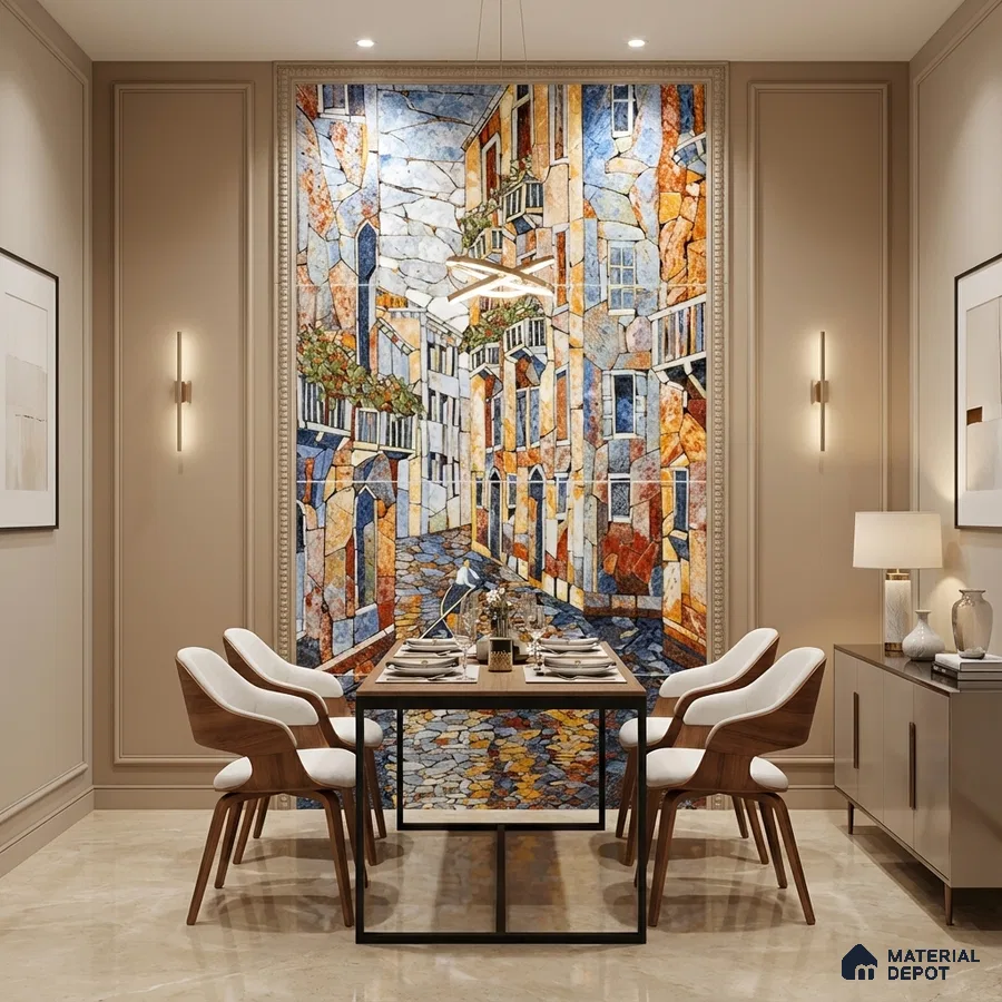 Modern dining room with mosaic mural poster wall tile accent wall and beige marble floor tiles