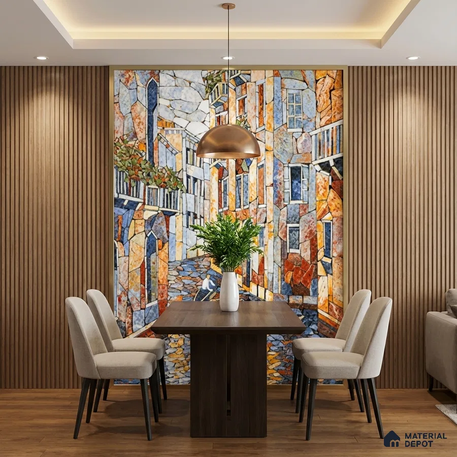 Modern dining room with mosaic mural poster wall tile accent wall, vertical wood louvers, and walnut dining table