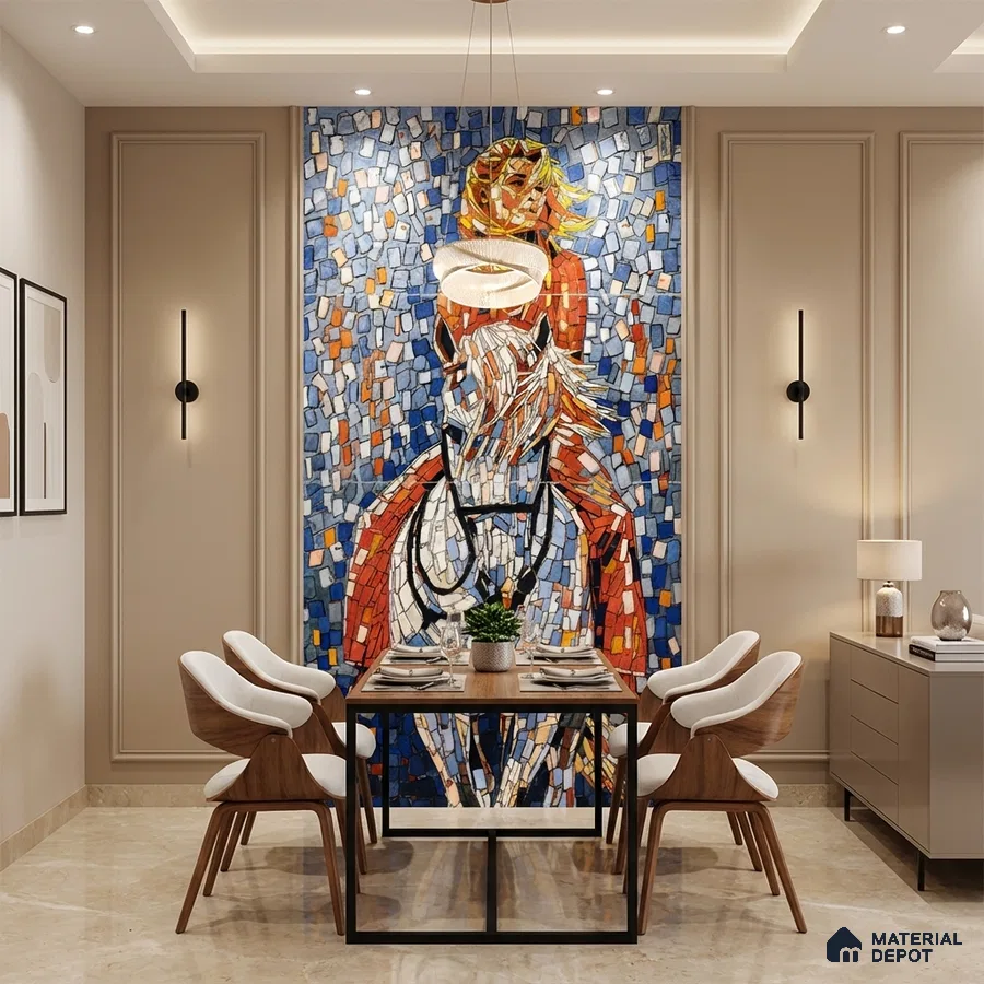 Modern dining room with mosaic poster wall tile accent wall and beige marble floor tiles