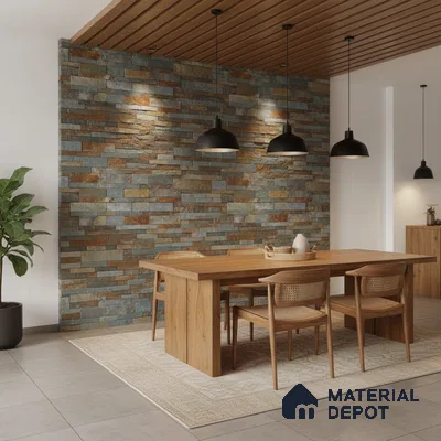 Modern dining room with natural stone cladding accent wall and oak wood dining set in Bengaluru