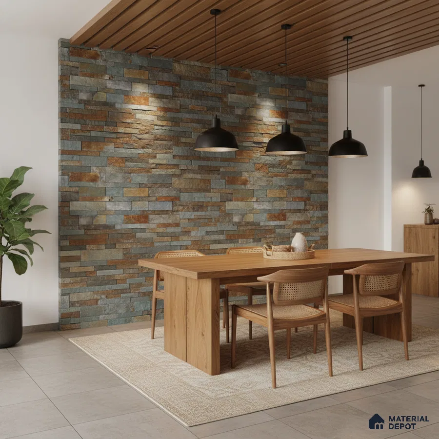 Modern dining room with natural stone cladding accent wall and oak wood dining set in Bengaluru