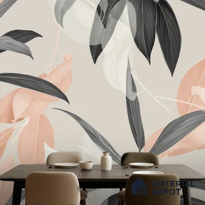 Modern dining room with oversized botanical patterned wallpaper and taupe upholstered chairs in Bengaluru