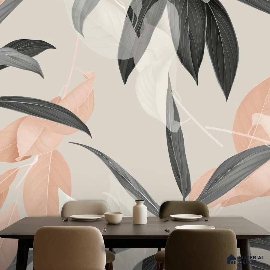 Modern dining room with oversized botanical patterned wallpaper and taupe upholstered chairs in Bengaluru