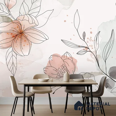 Modern dining room with pastel floral wallpaper and light wood dining table in Bengaluru