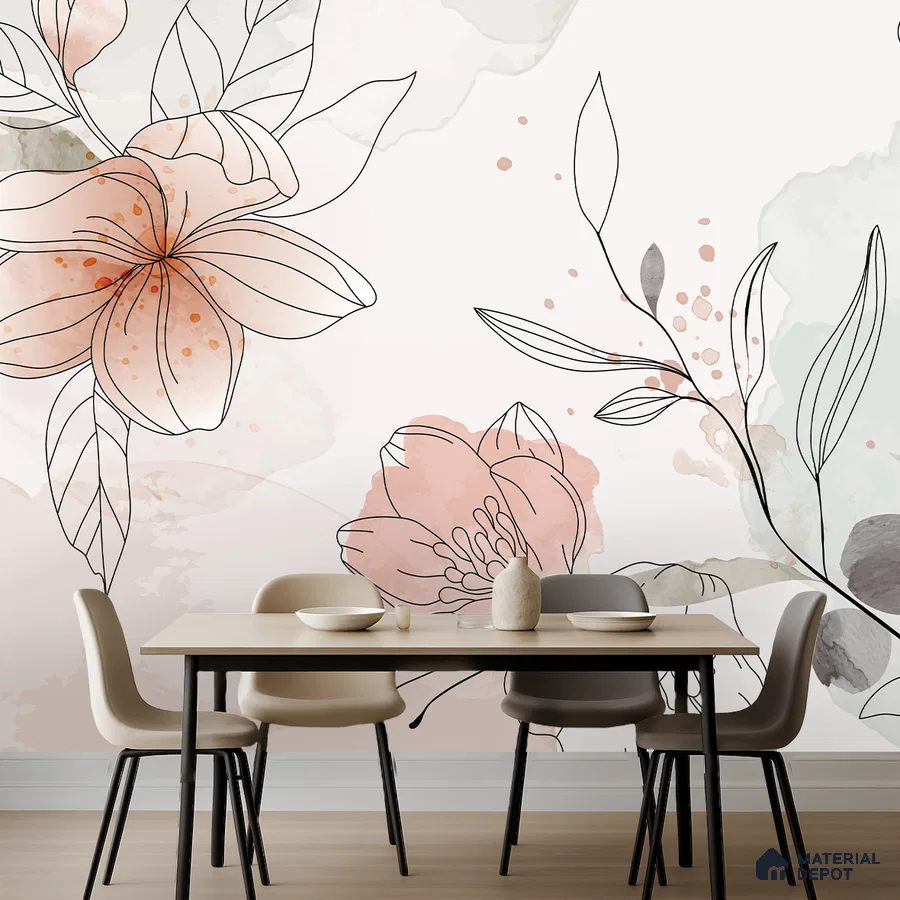 Modern dining room with pastel floral wallpaper and light wood dining table in Bengaluru