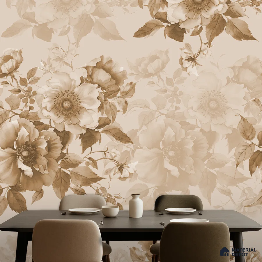 Modern dining room with sepia floral wallpaper and dark wood dining table in Bengaluru