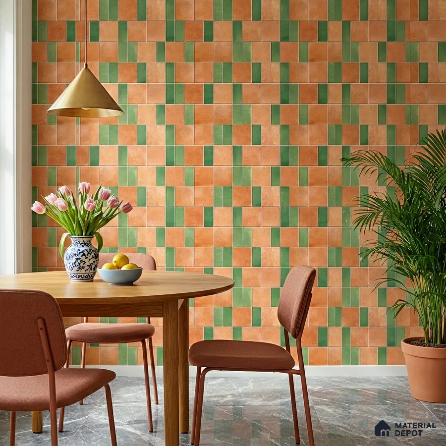 Modern dining room with terracotta and green patterned wall tiles and marble floor