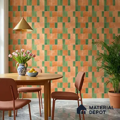 Modern dining room with terracotta and green patterned wall tiles and marble floor