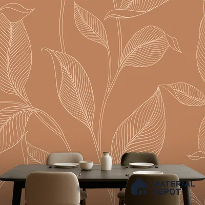 Modern dining room with terracotta floral wallpaper and matte black dining table in Bengaluru