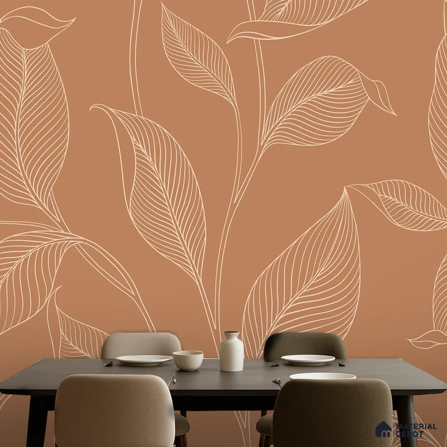 Modern dining room with terracotta floral wallpaper and matte black dining table in Bengaluru