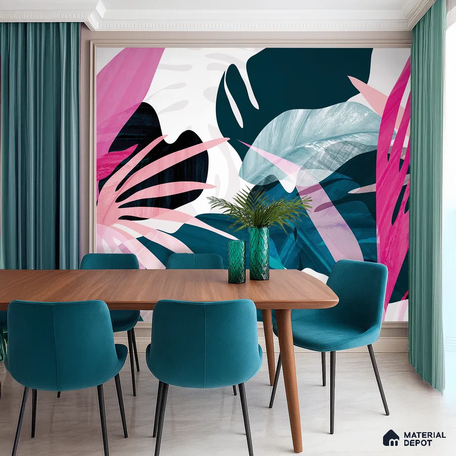 Modern dining room with tropical abstract wallpaper, teal upholstery, and wooden dining table in Bengaluru