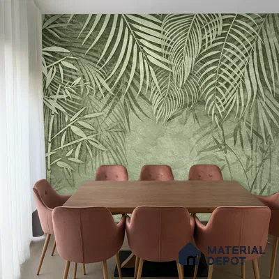 Modern dining room with tropical green wallpaper and wooden dining table in Bengaluru