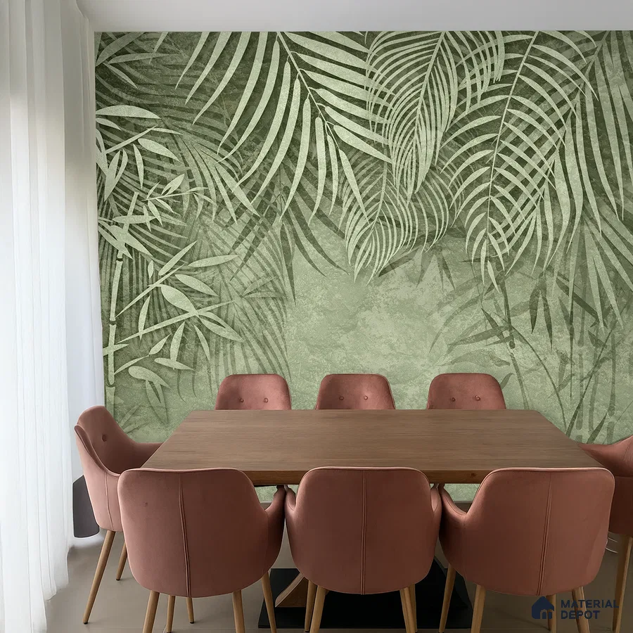 Modern dining room with tropical green wallpaper and wooden dining table in Bengaluru