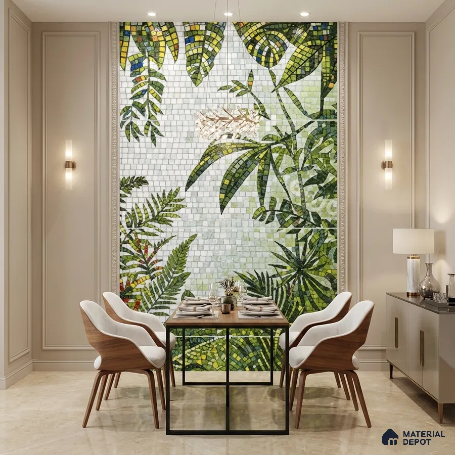 Modern dining room with tropical mosaic poster wall mural tile accent wall and beige marble floor