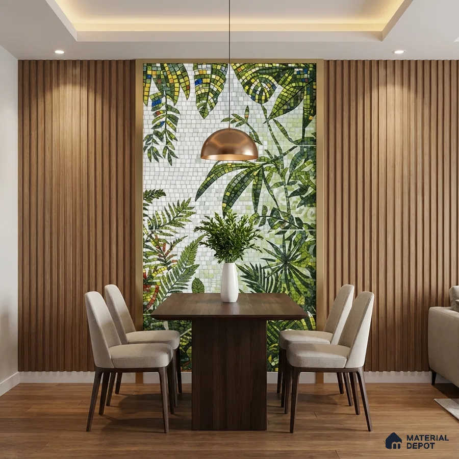 Modern dining room with tropical mosaic poster wall mural tile accent wall and vertical wood louvers