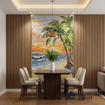 Modern dining room with tropical mosaic poster wall mural tile accent wall and walnut wood fluted panels
