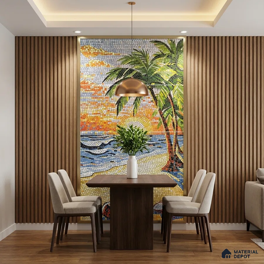 Modern dining room with tropical mosaic poster wall mural tile accent wall and walnut wood fluted panels