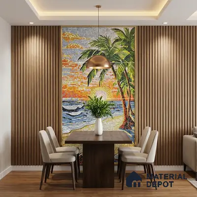 Modern dining room with tropical mosaic poster wall mural tile accent, wooden fluted wall panels, and wood flooring