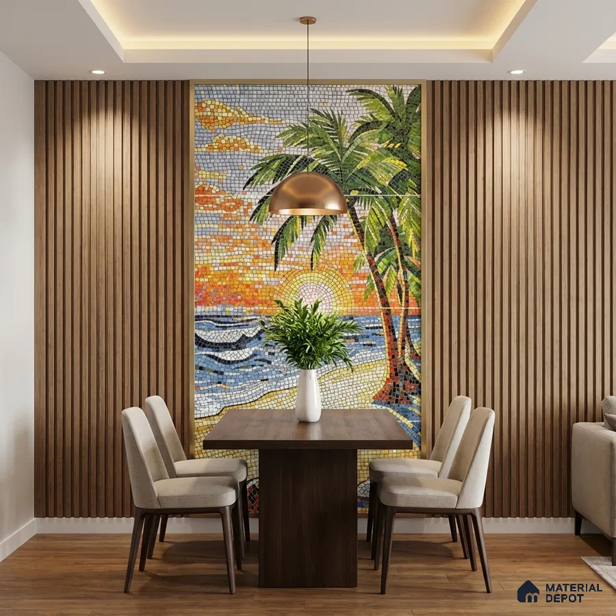 Modern dining room with tropical mosaic poster wall mural tile accent, wooden fluted wall panels, and wood flooring