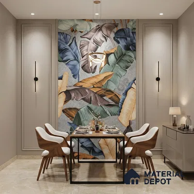 Modern dining room with tropical patterned wallpaper and beige marble floor tile