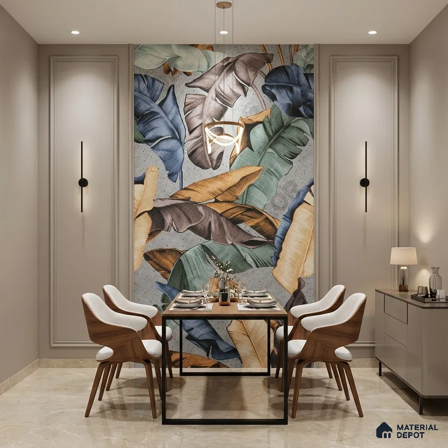 Modern dining room with tropical patterned wallpaper and beige marble floor tile