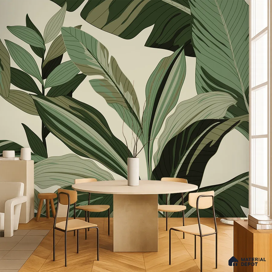 Modern dining room with tropical patterned wallpaper and light wood chevron flooring in Bengaluru
