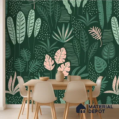 Modern dining room with tropical patterned wallpaper and light wood dining set in Bengaluru