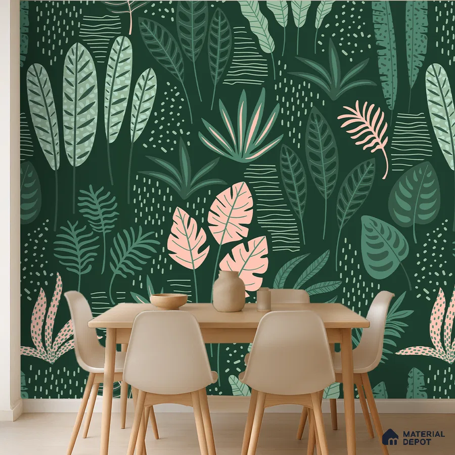 Modern dining room with tropical patterned wallpaper and light wood dining set in Bengaluru