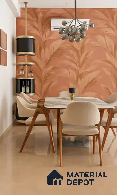 Modern dining room with tropical patterned wallpaper, beige marble tabletop, and warm beige floor tile in Purva Fountain Square Marathahalli 2 BHK Bengaluru Apartment