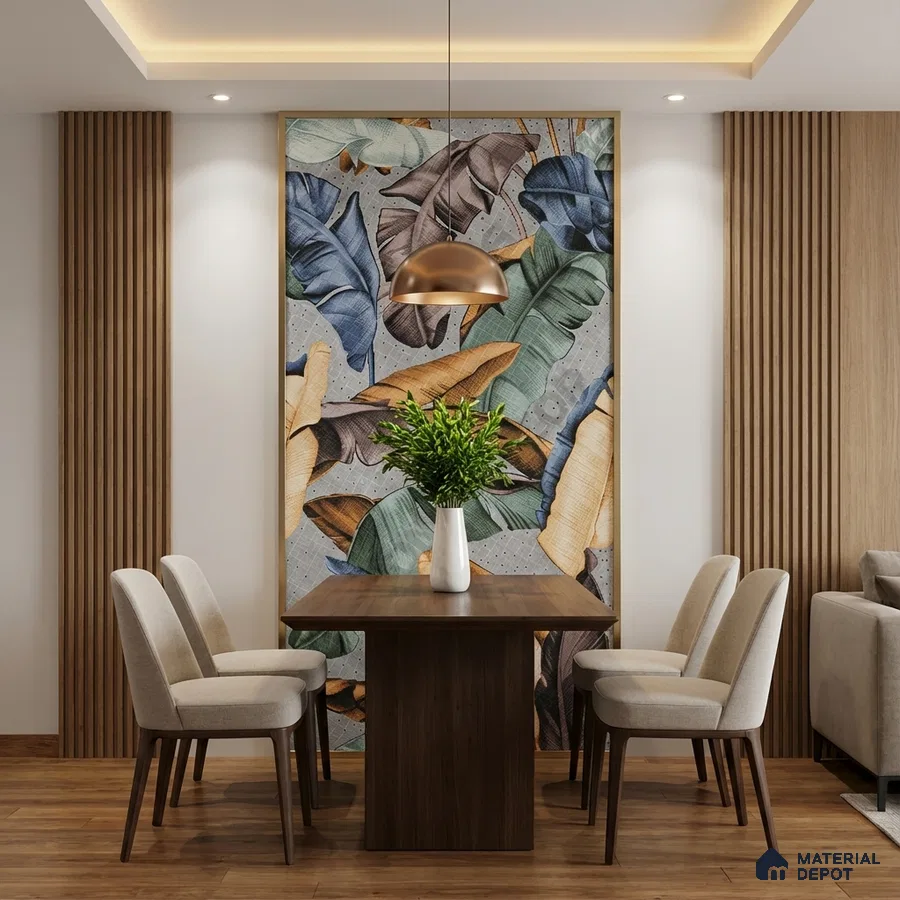 Modern dining room with tropical patterned wallpaper, wooden louvers, and walnut wood dining table