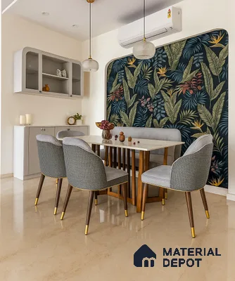 Modern dining room with tropical wallpaper accent and beige marble floor tile in Prestige Kew Gardens Bellandur 3 BHK Bengaluru Apartment