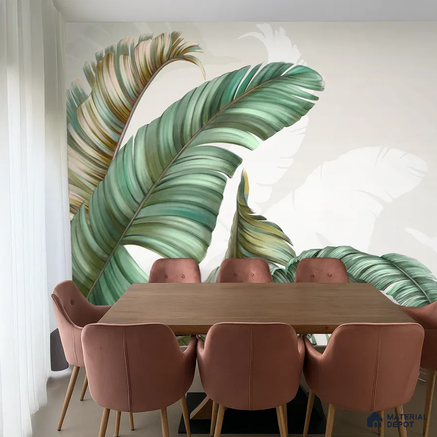 Modern dining room with tropical wallpaper and blush pink suede chairs in Bengaluru