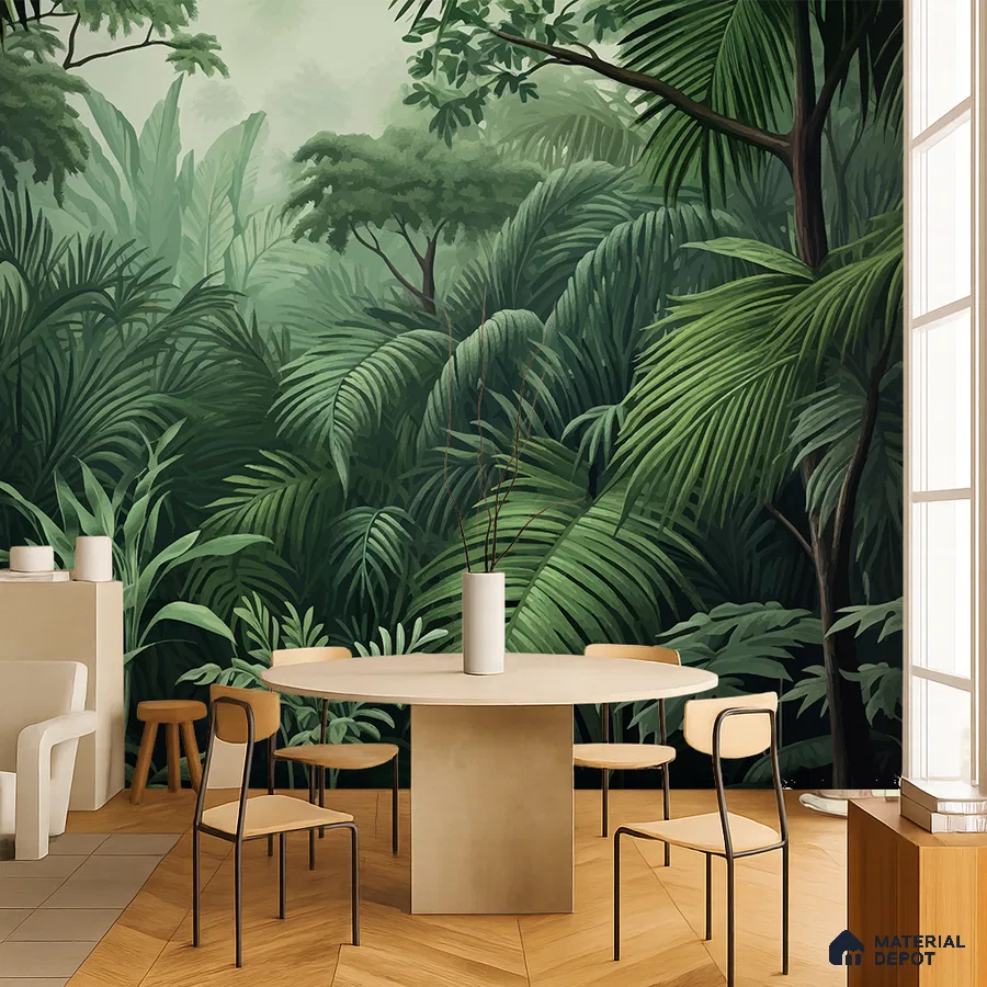 Modern dining room with tropical wallpaper and light wood chevron flooring in Bengaluru