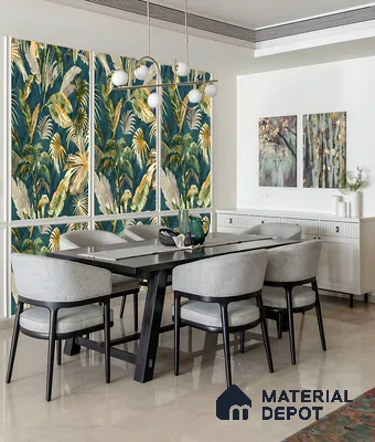Modern dining room with tropical wallpaper, black dining table, and beige marble floor tile in Purva Midtown B-Narayanapura 3 BHK Bengaluru Apartment