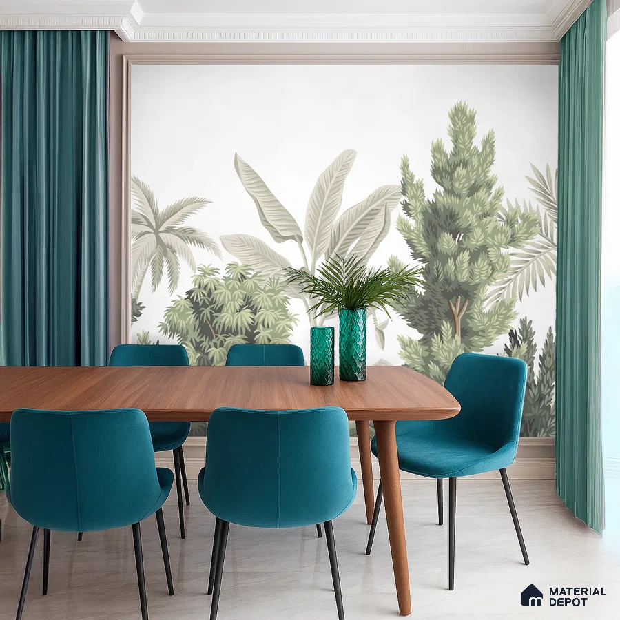 Modern dining room with tropical wallpaper, teal upholstery, and walnut wood dining table in Bengaluru
