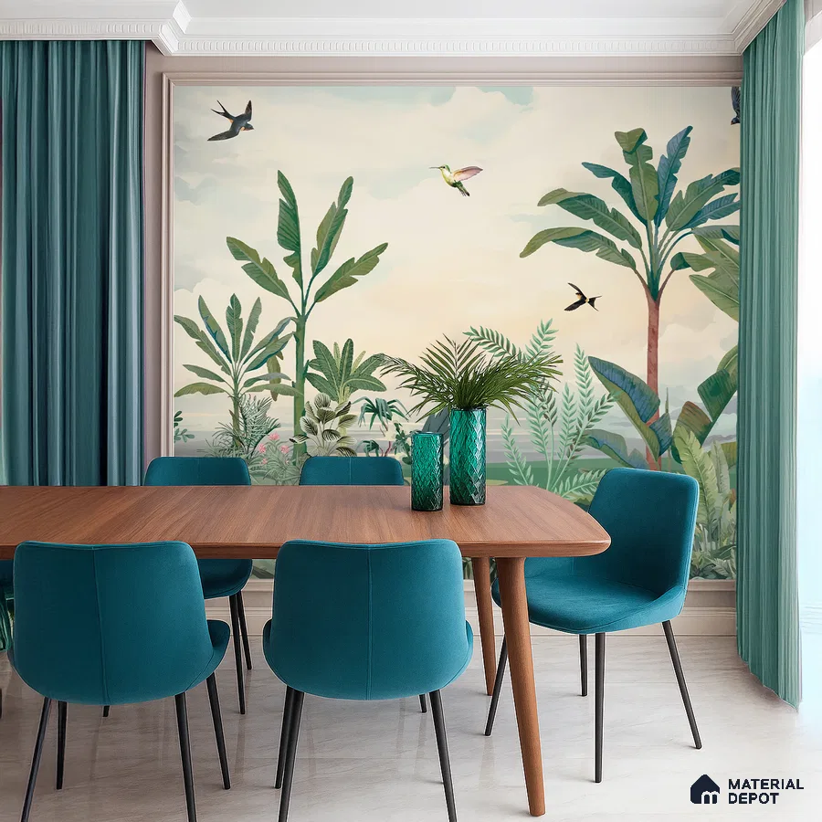 Modern dining room with tropical wallpaper, teal upholstery, and walnut wood dining table in Bengaluru