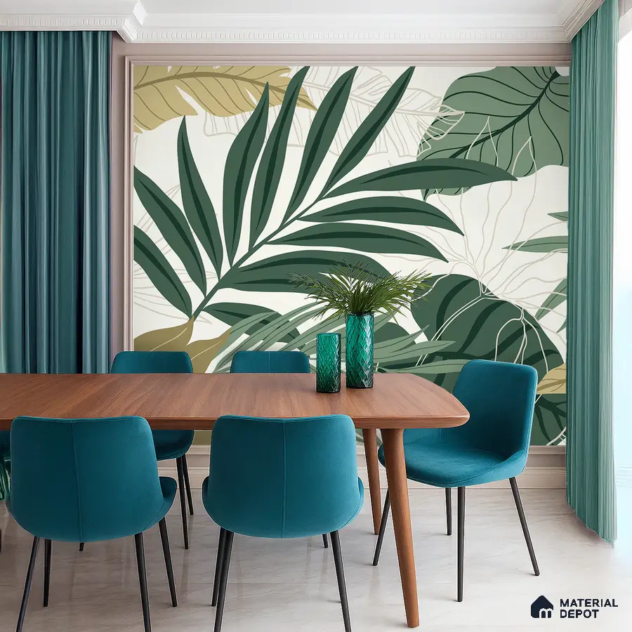 Modern dining room with tropical wallpaper, teal upholstery, and wooden dining table in Bengaluru