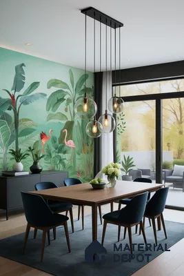 Modern dining room with tropical wallpaper, wooden dining table, and blue upholstered chairs in Purva-Riviera-Whitefield 3 BHK Bengaluru Apartment