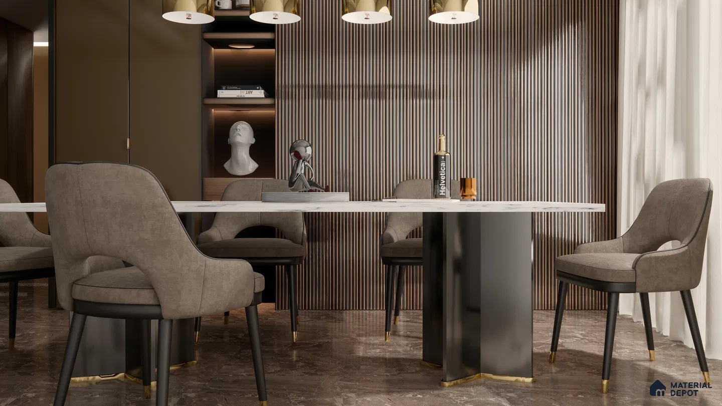 Modern Dining Room with Vertical Fluted Panel Wall and Marble Table | Material Depot